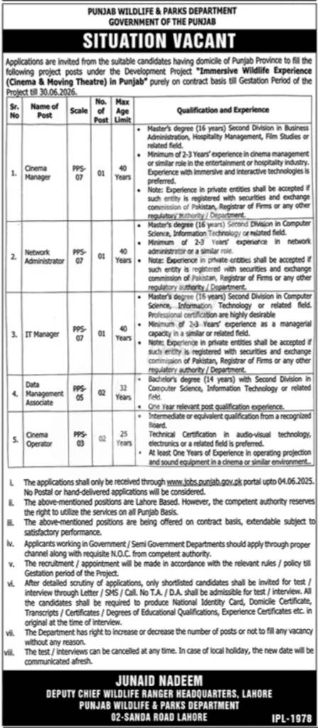 Punjab Wildlife & Parks Department Jobs