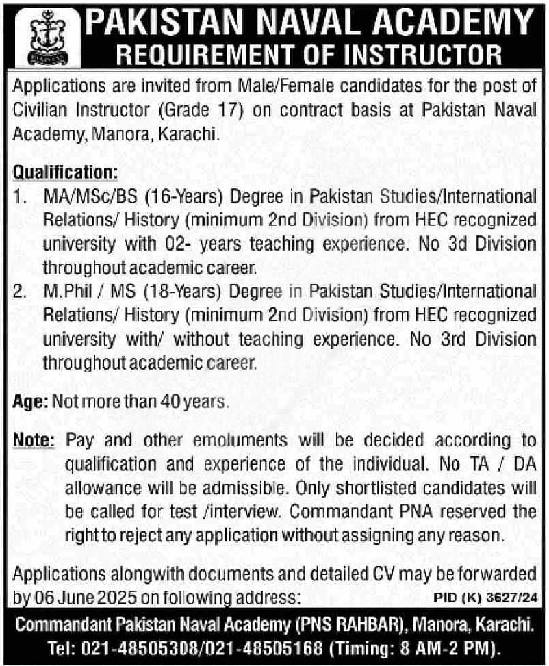 Pak Navy Civilian Instructor Jobs