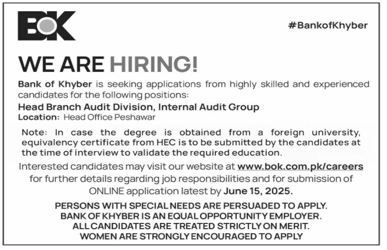 Bank of Khyber BOK Jobs 2025 Current Employment Opportunities | www.bok.com.pk