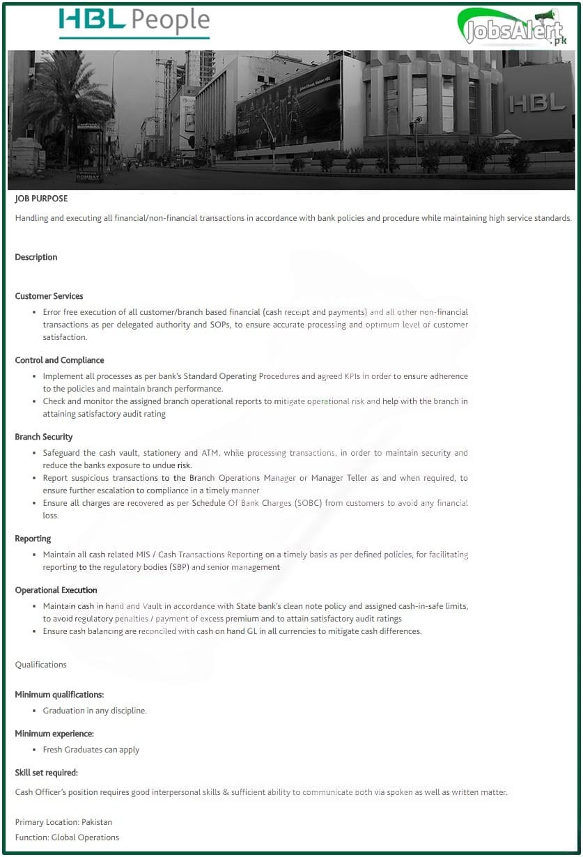 HBL Cash Officer Jobs