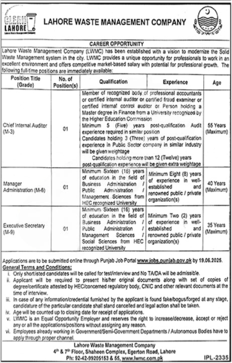 Lahore Waste Management Company Jobs