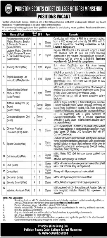 Pakistan Scouts Cadet College Batrasi Jobs