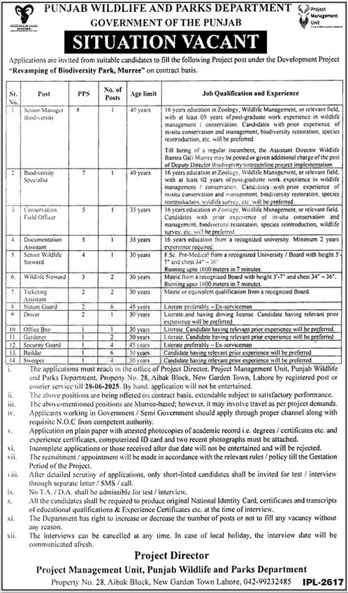 Punjab Wildlife & Parks Department Jobs